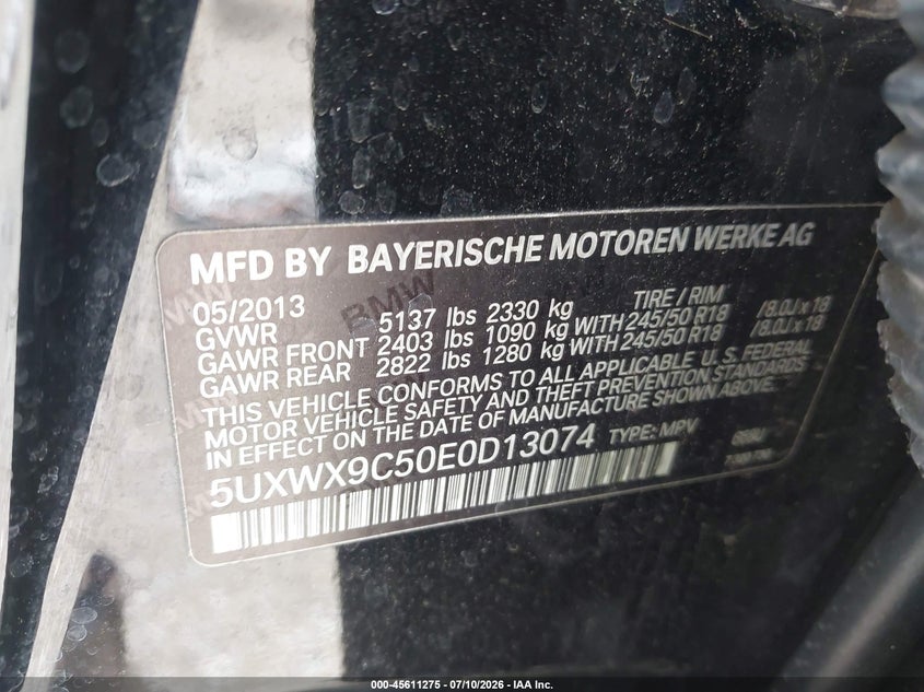 2014 BMW X3 xDrive28I VIN: 5UXWX9C50E0D13074 Lot: 45611275