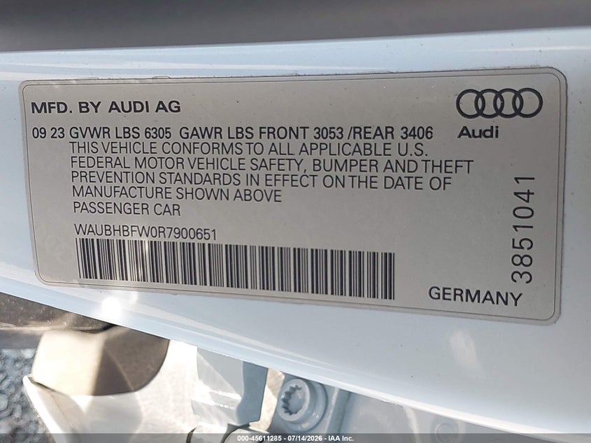 AUDI RS E-TRON GT 2024 VIN WAUBHBFW0R7900651
