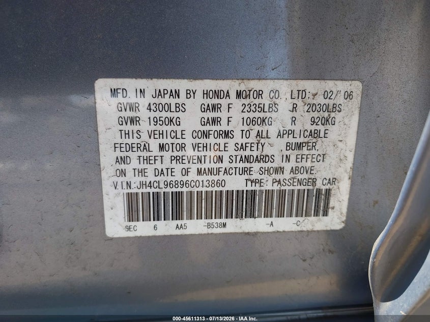 2006 Acura Tsx VIN: JH4CL96896C013860 Lot: 45611313