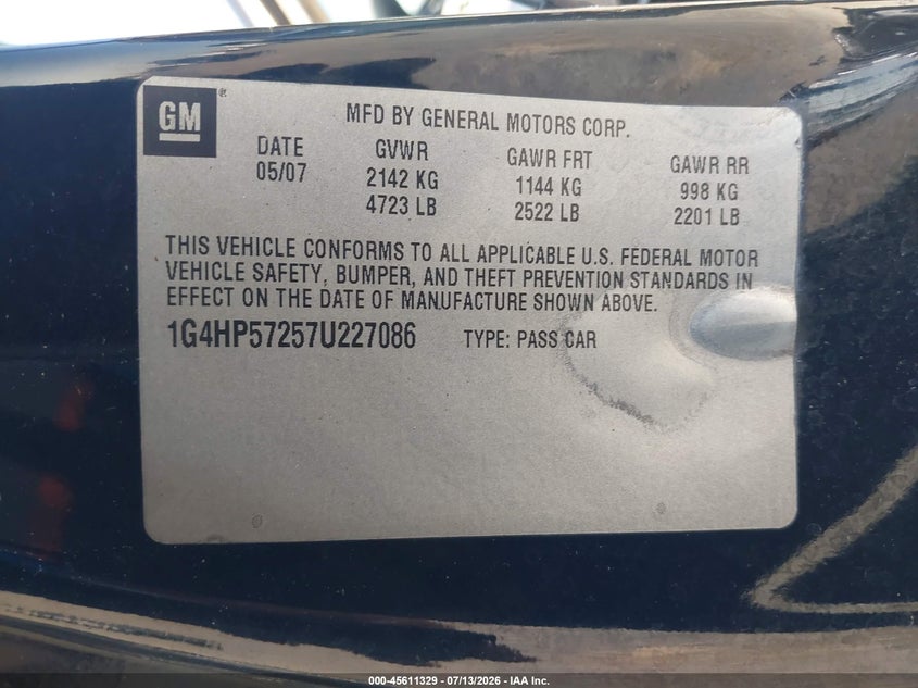 2007 Buick Lucerne Cx VIN: 1G4HP57257U227086 Lot: 45611329