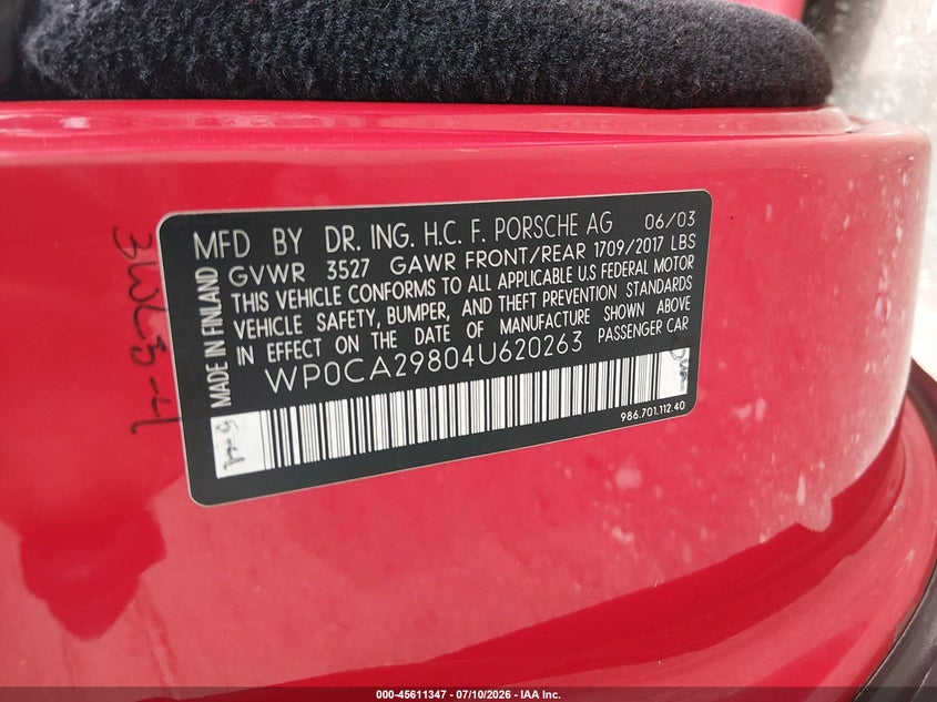 2004 Porsche Boxster VIN: WP0CA29804U620263 Lot: 45611347