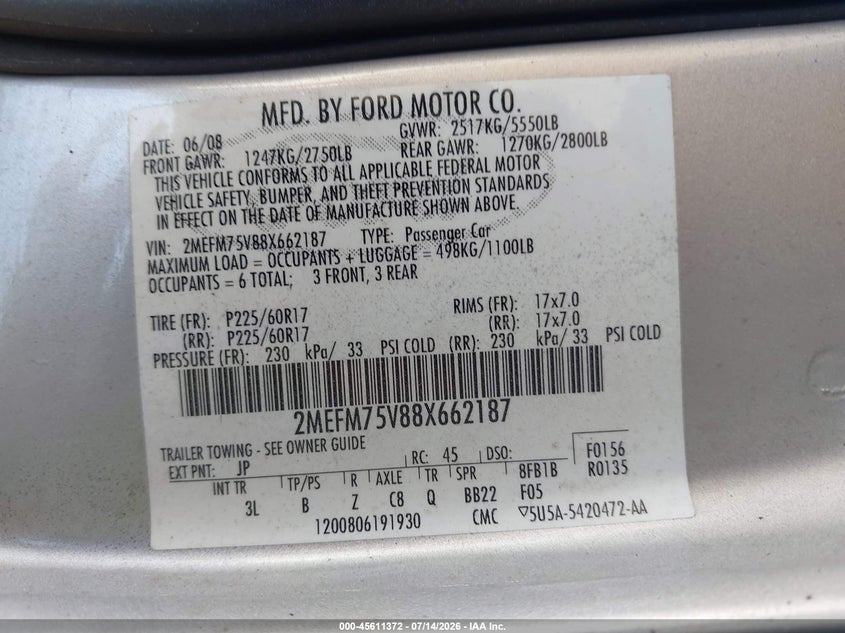 2008 Mercury Grand Marquis Ls VIN: 2MEFM75V88X662187 Lot: 45611372