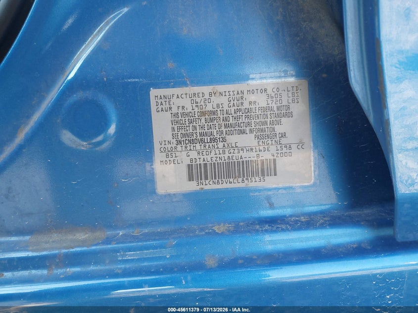 NISSAN VERSA 2020 VIN 3N1CN8DV6LL895135