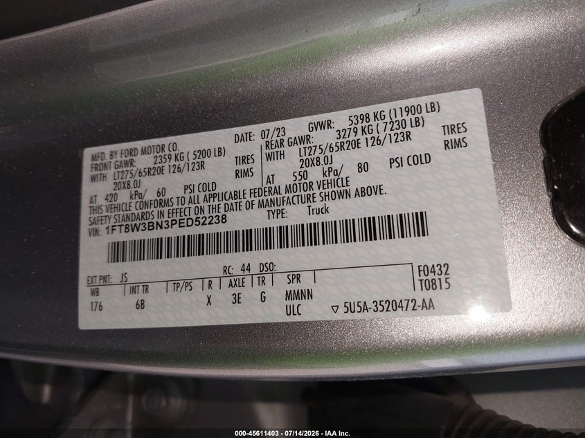 2023 Ford F-350 VIN: 1FT8W3BN3PED52238 Lot: 45611403