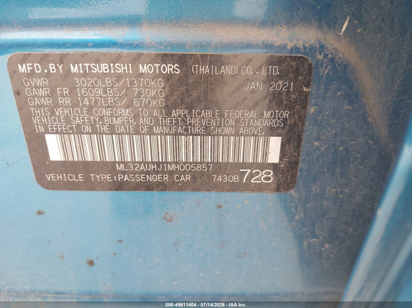 2021 Mitsubishi Mirage Carbonite Edition/Es/Le VIN: ML32AUHJ1MH005857 Lot: 45611404