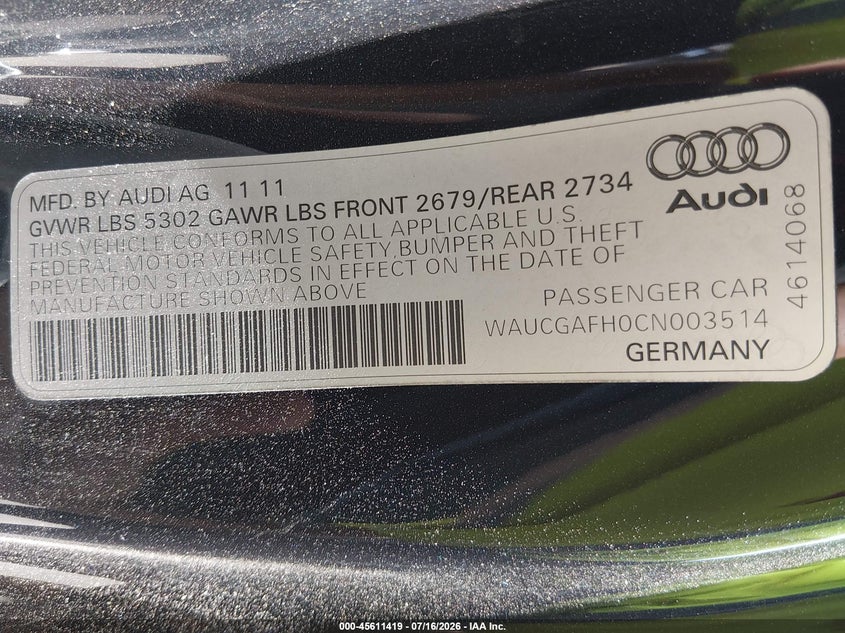 2012 Audi S5 3.0 Premium Plus VIN: WAUCGAFH0CN003514 Lot: 45611419