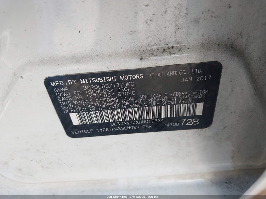 2017 Mitsubishi Mirage Se VIN: ML32A4HJXHH019634 Lot: 45611424