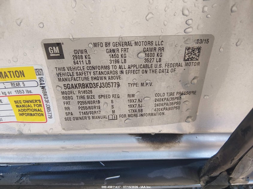 2015 Buick Enclave Leather VIN: 5GAKRBKD3FJ305779 Lot: 45611437
