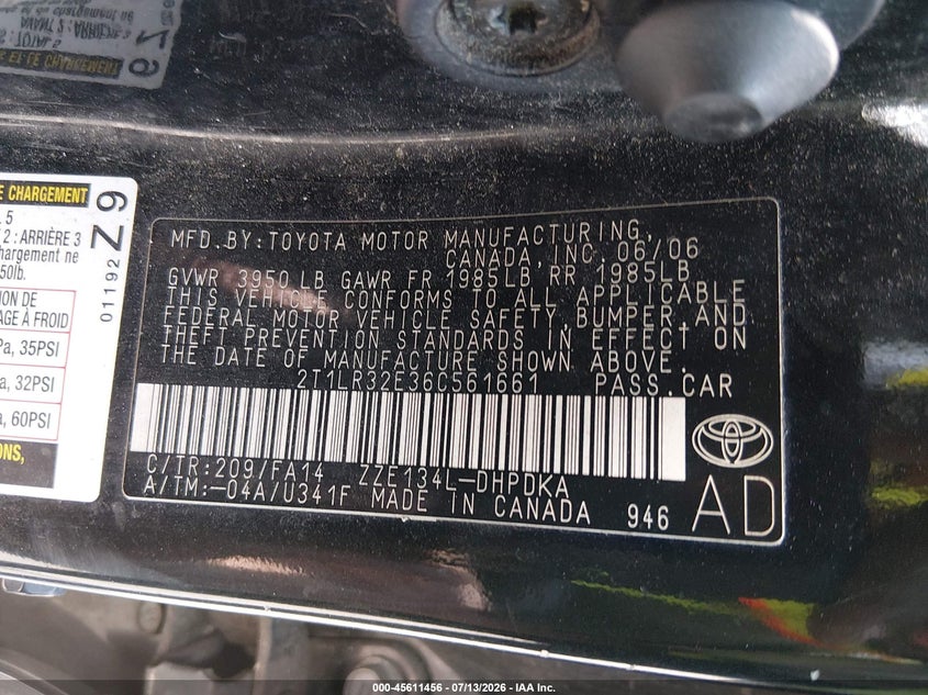 2006 Toyota Matrix VIN: 2T1LR32E36C561661 Lot: 45611456