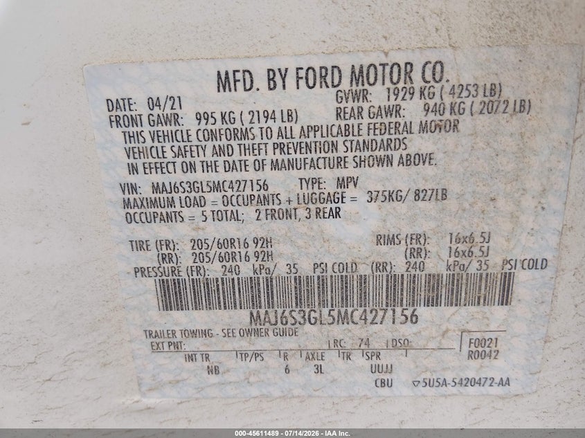 2021 Ford Ecosport Se VIN: MAJ6S3GL5MC427156 Lot: 45611489