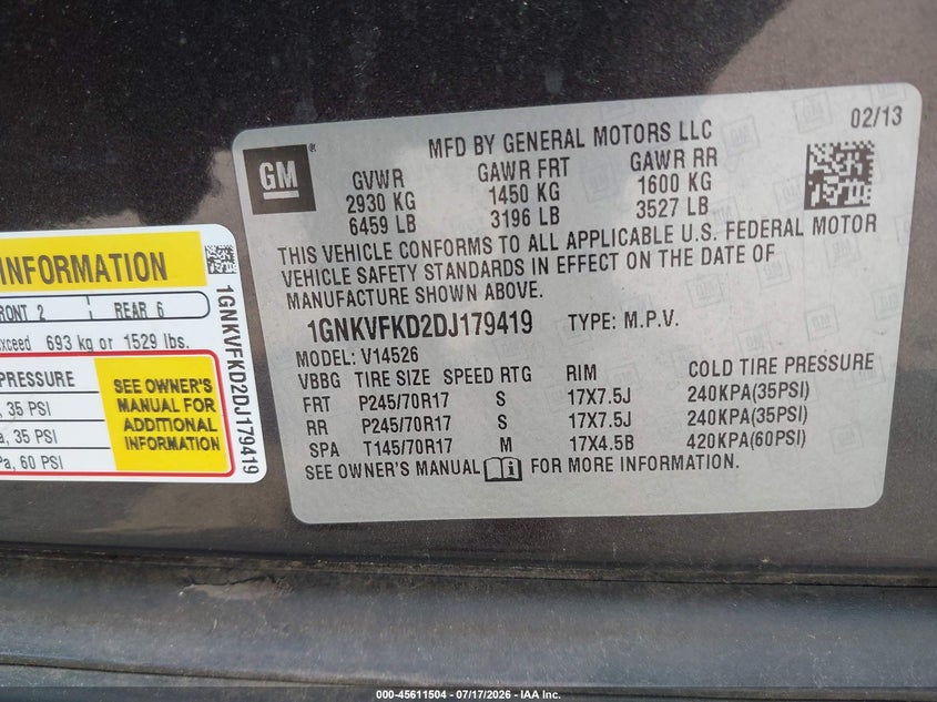 2013 Chevrolet Traverse Ls VIN: 1GNKVFKD2DJ179419 Lot: 45611504