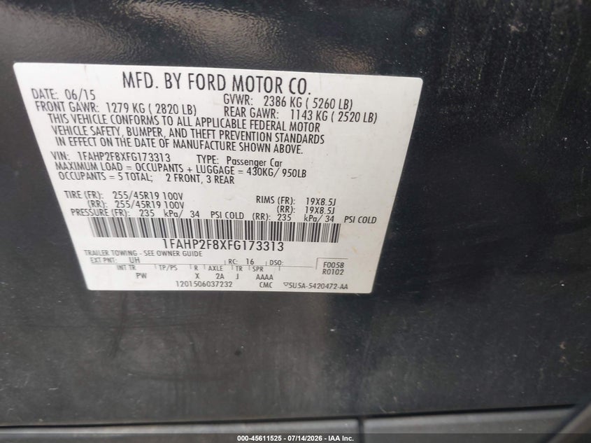 2015 Ford Taurus Limited VIN: 1FAHP2F8XFG173313 Lot: 45611525