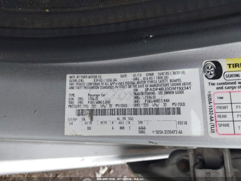 2013 Ford Fiesta Se VIN: 3FADP4BJ3DM192341 Lot: 45611526