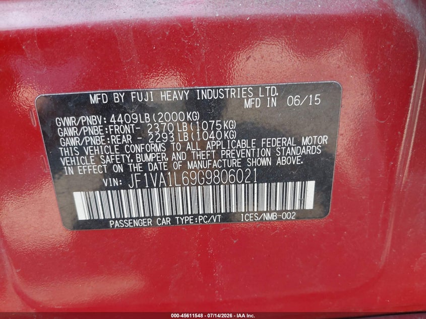 2016 Subaru Wrx Limited VIN: JF1VA1L69G9806021 Lot: 45611548