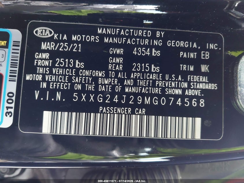 2021 Kia K5 Lx VIN: 5XXG24J29MG074568 Lot: 45611571