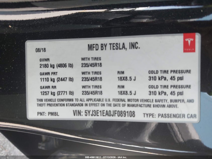 2018 Tesla Model 3 Long Range/Mid Range VIN: 5YJ3E1EA0JF089108 Lot: 45611611