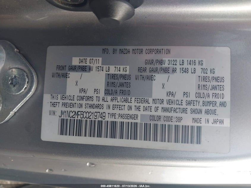 2012 Mazda Mx-5 Miata Touring VIN: JM1NC2MF6C0219749 Lot: 45611620