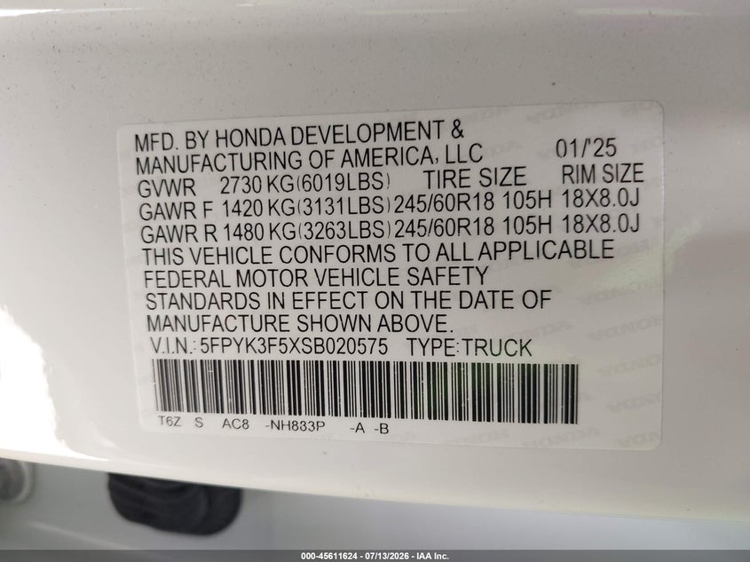 2025 Honda Ridgeline Rtl VIN: 5FPYK3F5XSB020575 Lot: 45611624