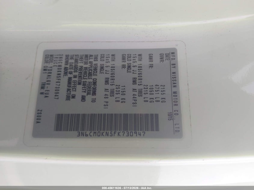 NISSAN NV200 2015 VIN 3N6CM0KN5FK730947
