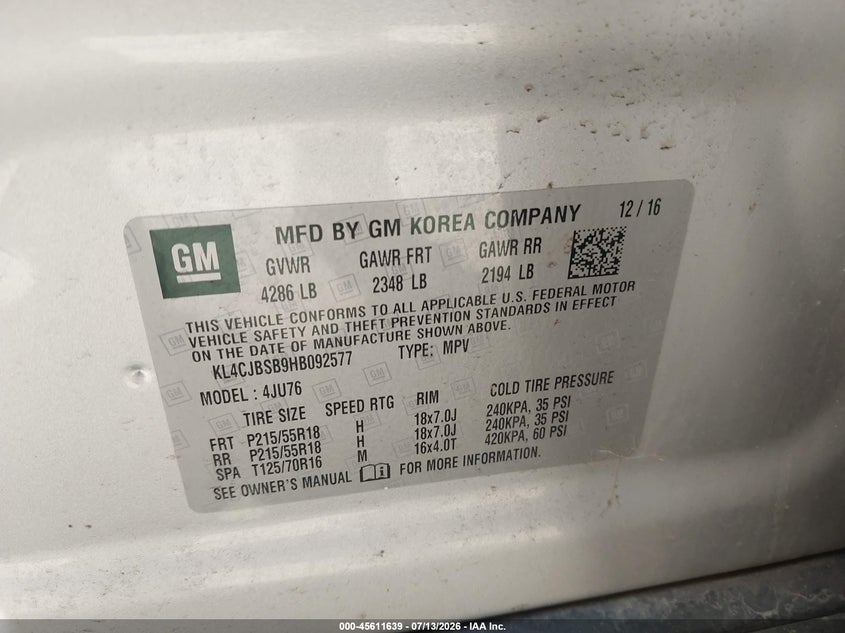 2017 Buick Encore Preferred Ii VIN: KL4CJBSB9HB092577 Lot: 45611639