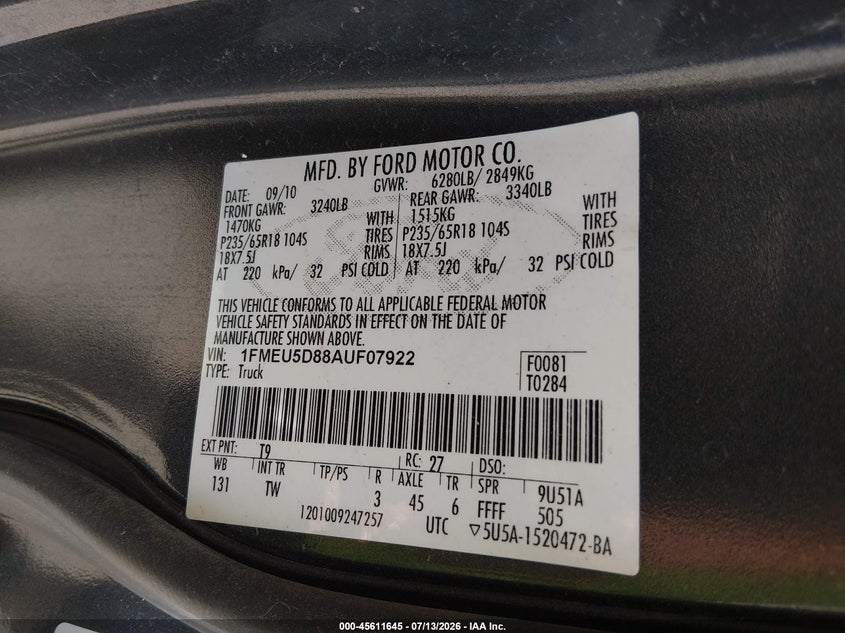 2010 Ford Explorer Sport Trac Limited VIN: 1FMEU5D88AUF07922 Lot: 45611645