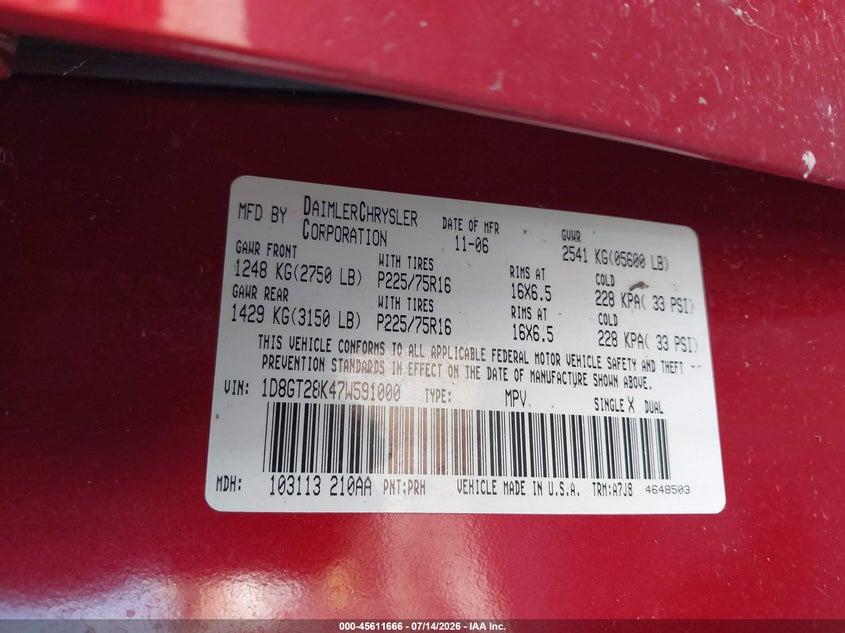2007 Dodge Nitro Sxt VIN: 1D8GT28K47W591000 Lot: 45611666