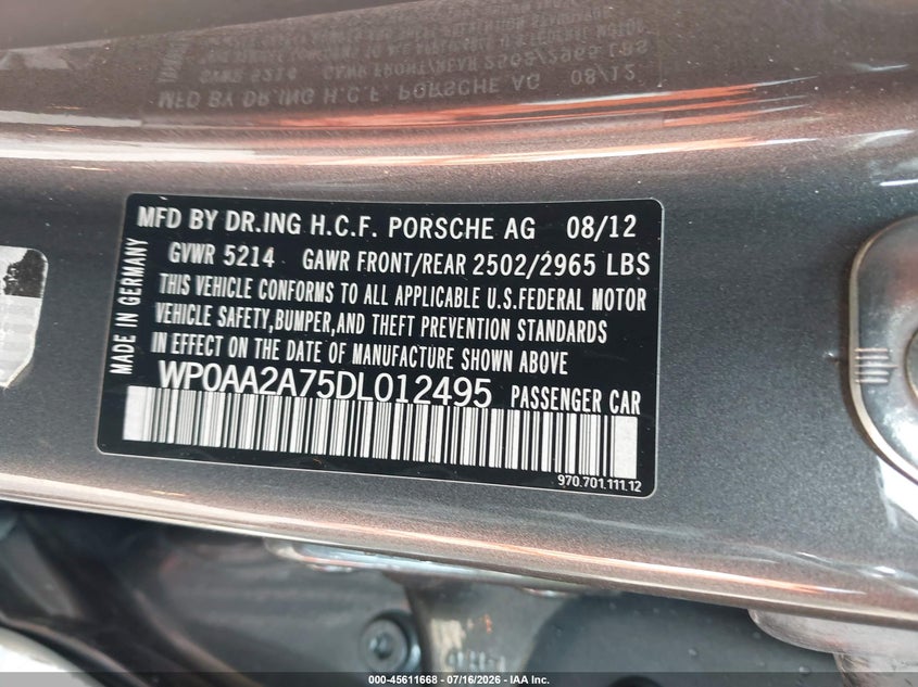 2013 Porsche Panamera 4 VIN: WP0AA2A75DL012495 Lot: 45611668