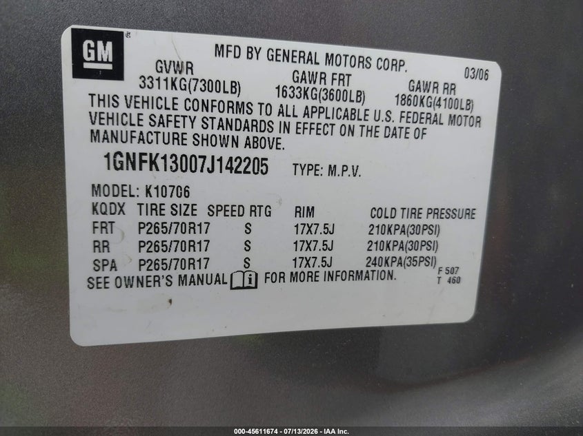 2007 Chevrolet Tahoe Lt VIN: 1GNFK13007J142205 Lot: 45611674