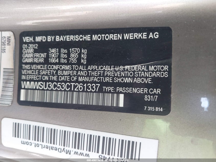 2012 Mini Cooper VIN: WMWSU3C53CT261337 Lot: 45611676