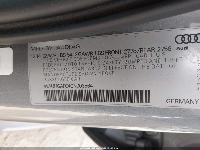 2016 Audi A6 3.0T Prestige VIN: WAUHGAFC4GN003564 Lot: 45611689