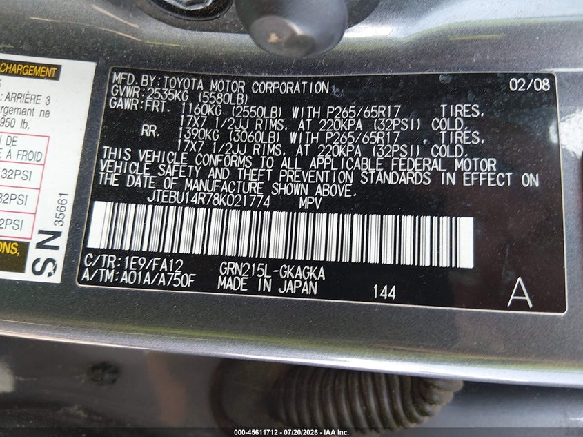 2008 Toyota 4Runner Sr5 V6 VIN: JTEBU14R78K021774 Lot: 45611712