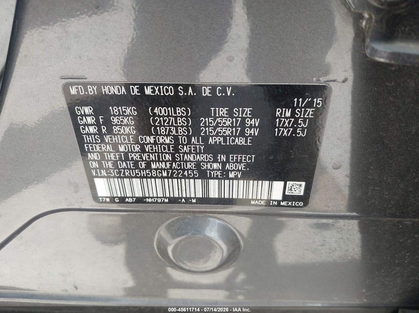 2016 Honda Hr-V Ex VIN: 3CZRU5H58GM722455 Lot: 45611714