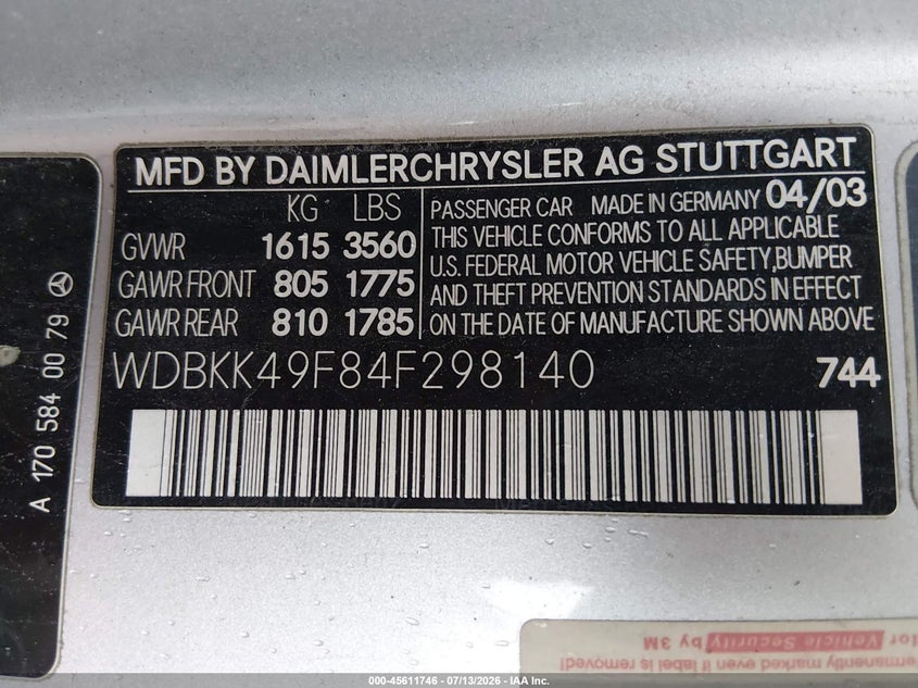 2004 Mercedes-Benz Slk 230 Kompressor VIN: WDBKK49F84F298140 Lot: 45611746