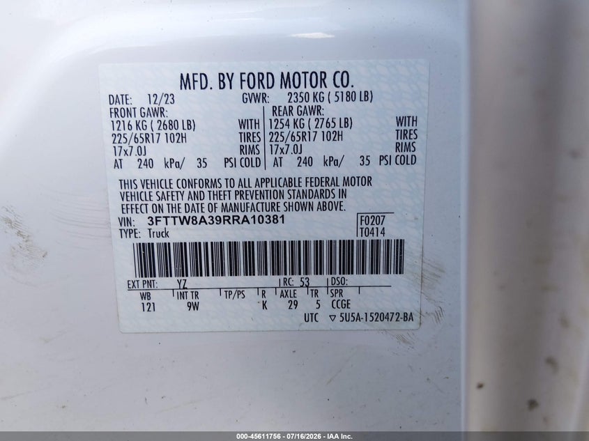 2024 Ford Maverick Xl VIN: 3FTTW8A39RRA10381 Lot: 45611756