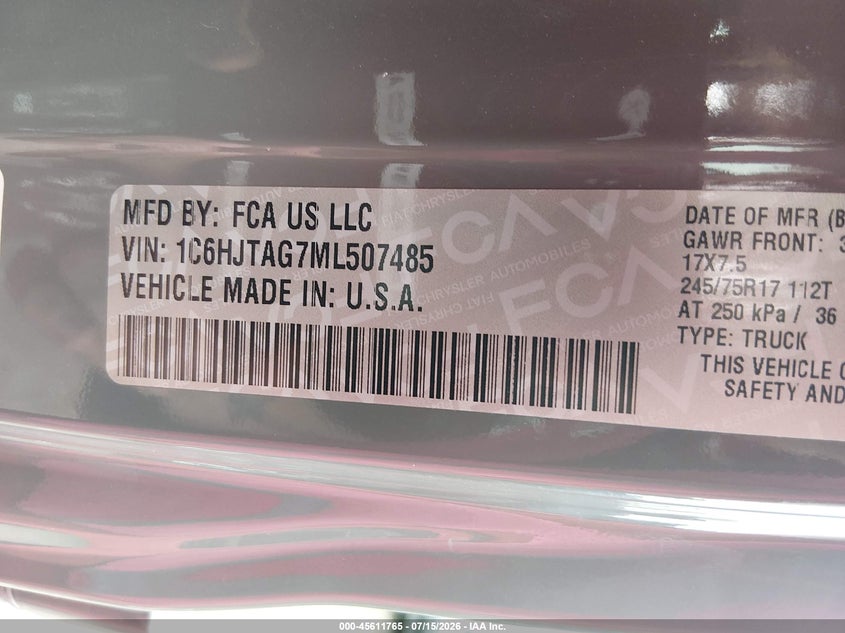 2021 Jeep Gladiator Sport S 4X4 VIN: 1C6HJTAG7ML507485 Lot: 45611765