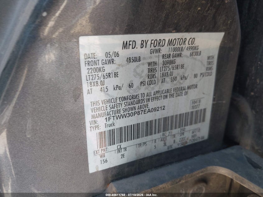2007 Ford F-350 Lariat/Xl/Xlt VIN: 1FTWW30P87EA09212 Lot: 45611768