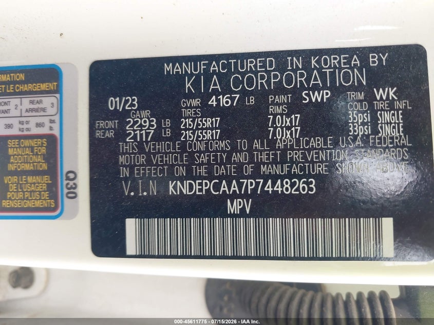 2023 Kia Seltos Lx VIN: KNDEPCAA7P7448263 Lot: 45611775