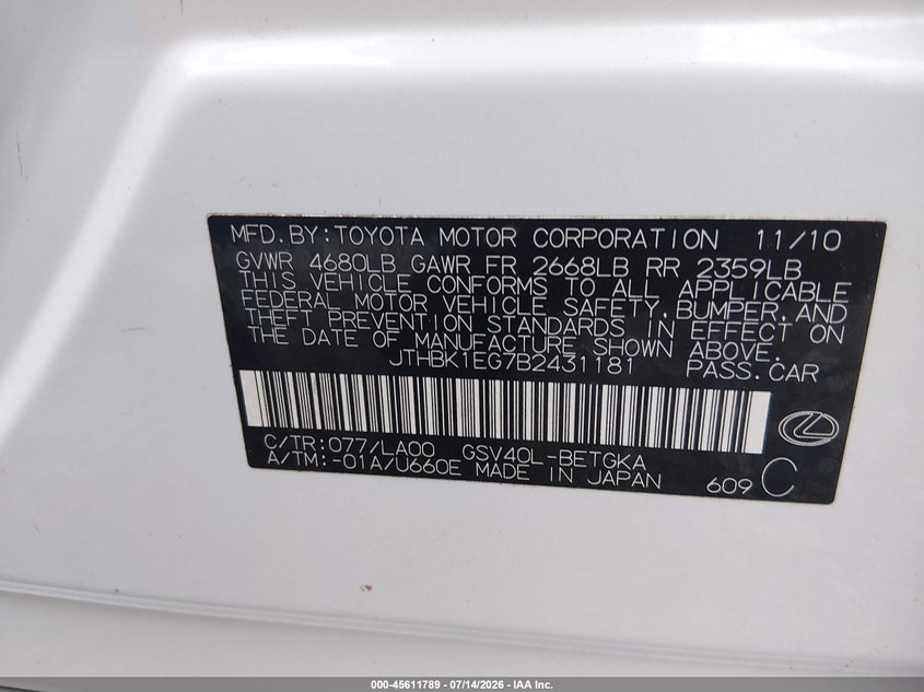 2011 Lexus Es 350 VIN: JTHBK1EG7B2431181 Lot: 45611789