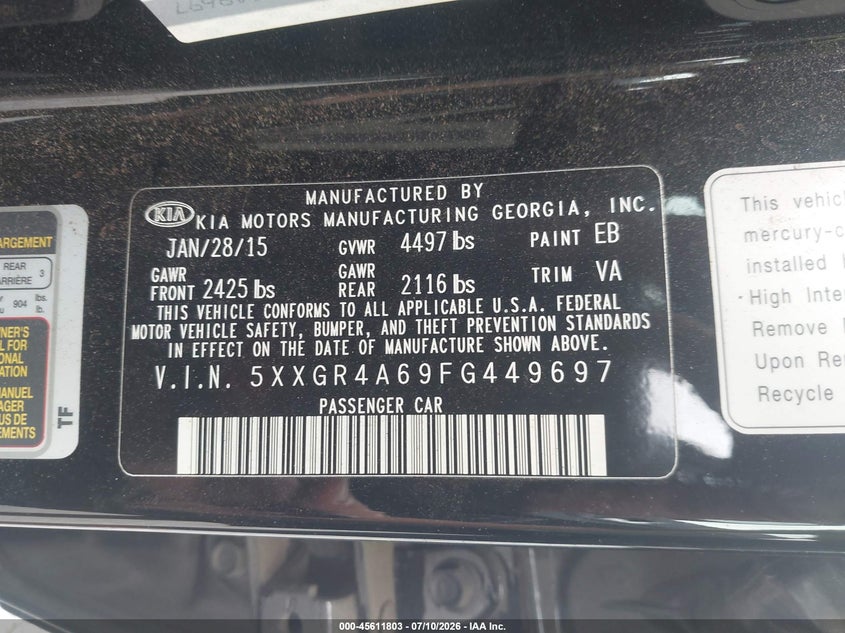2015 Kia Optima Sxl Turbo VIN: 5XXGR4A69FG449697 Lot: 45611803