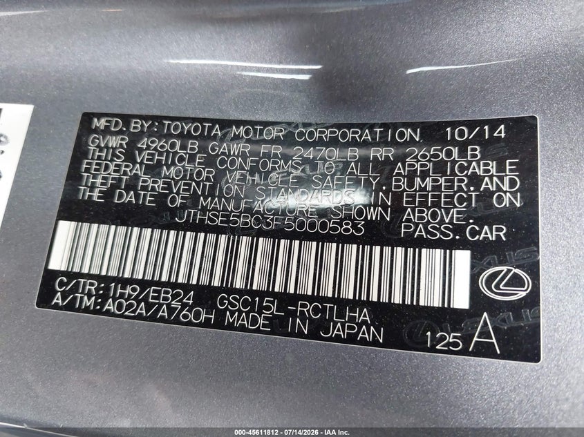 2015 Lexus Rc 350 VIN: JTHSE5BC3F5000583 Lot: 45611812