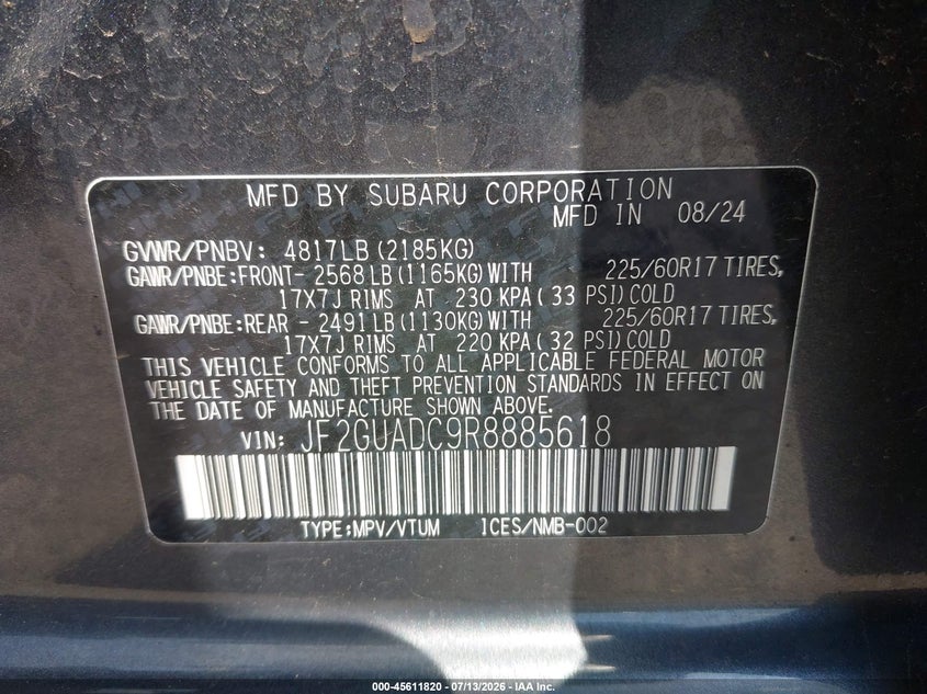 2024 Subaru Crosstrek Premium VIN: JF2GUADC9R8885618 Lot: 45611820