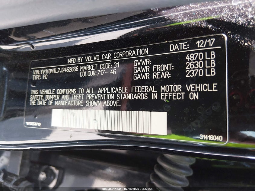 2018 Volvo S60 T5 Dynamic VIN: YV140MTL7J2462666 Lot: 45611841