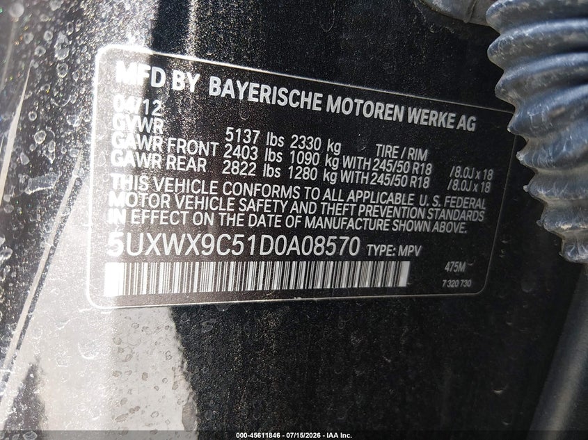 2013 BMW X3 xDrive28I VIN: 5UXWX9C51D0A08570 Lot: 45611846