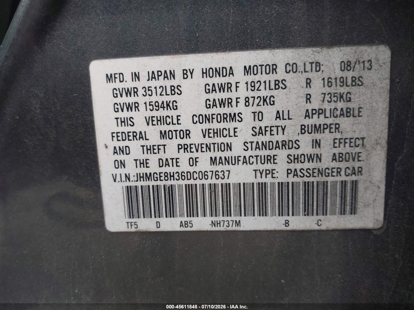 2013 Honda Fit VIN: JHMGE8H36DC067637 Lot: 45611848