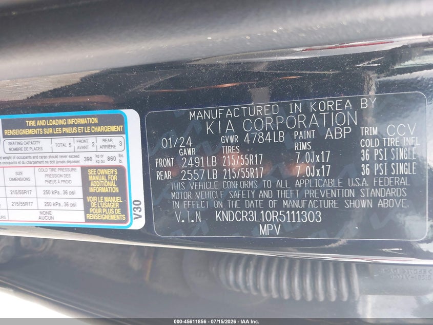2024 Kia Niro Ev Wind VIN: KNDCR3L10R5111303 Lot: 45611856