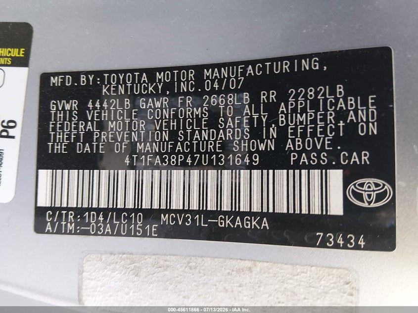 2007 Toyota Camry Solara Sle VIN: 4T1FA38P47U131649 Lot: 45611866