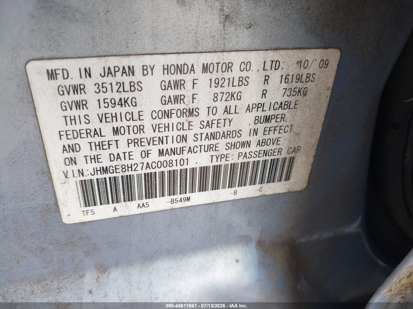 2010 Honda Fit VIN: JHMGE8H27AC008101 Lot: 45611867