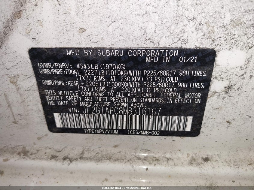 2021 SUBARU XV SPORT UTILITY VEHICLE 2.0L H-4 DI, DOHC, VVT, 152HP