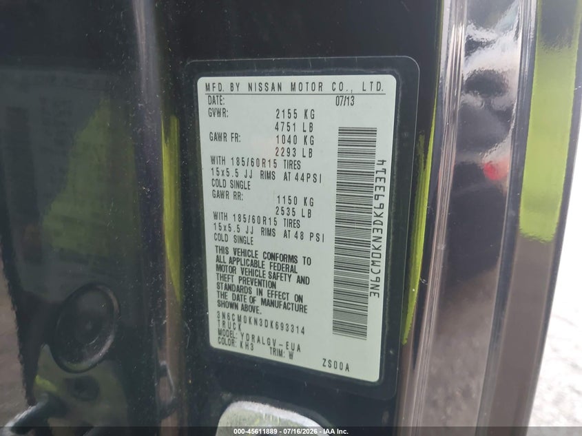 2013 Nissan Nv200 Sv VIN: 3N6CM0KN3DK693314 Lot: 45611889