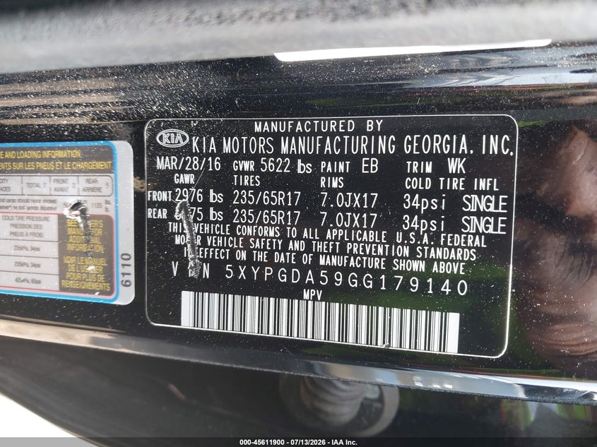 2016 Kia Sorento 3.3L Lx VIN: 5XYPGDA59GG179140 Lot: 45611900